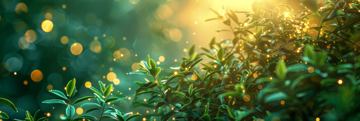 Glittering particles and beams of light breaking through foliage in forest
