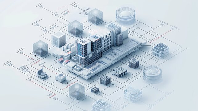 Isometric city infrastructure planning and architectural blueprint. Urban development and smart city concept.