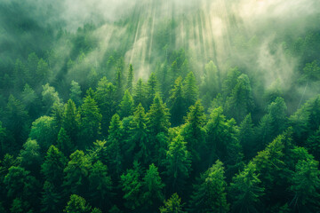 Ethereal morning light pierces the mist above an expansive green forest