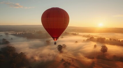 Obraz premium A hot air balloon, filled with multiracial people, floats gracefully in the clear blue sky