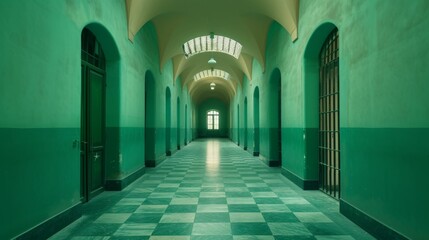 A long hallway with green walls and a checkered floor, featuring multiracial people walking along the corridor