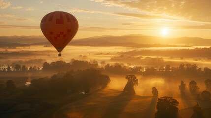 A hot air balloon, carrying multiracial people, flies gracefully over a misty field in a serene morning scene - obrazy, fototapety, plakaty