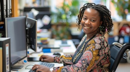 A multiracial woman sits at a desk, working on a computer - obrazy, fototapety, plakaty