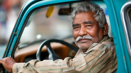 A multiracial man with a moustache is seated inside a blue truck - obrazy, fototapety, plakaty