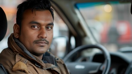 A multiracial man is seated in the drivers seat of a car