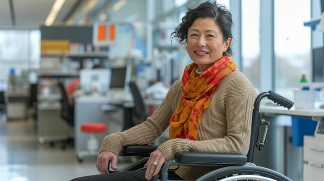 A multiracial woman is sitting in a wheelchair in an office setting