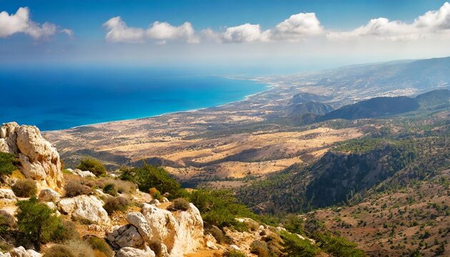 mediterranean landscape panorama banner top view from the mountain range on the akamas peninsula near the town of polis the island of cyprus republic of cyprus
