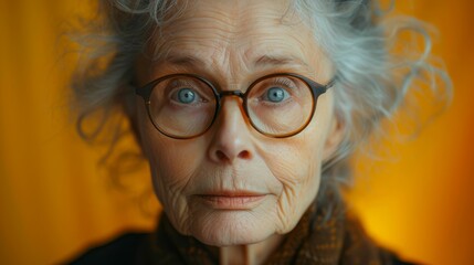 An elderly woman with glasses and a scarf wrapped around her neck stands in the foreground, looking directly at the camera