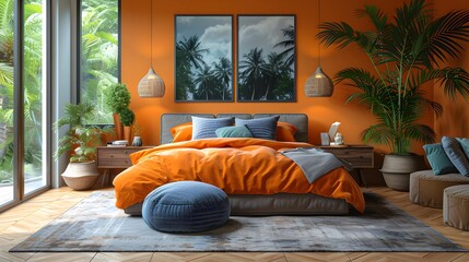 Modern Contemporary Bedroom Interior with Vibrant Color Design and Wooden Frame Artwork
