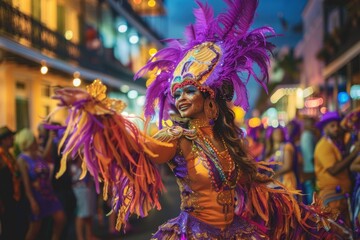 Fototapeta premium A woman in an elaborate purple and gold carnival costume with feathers dances on a street. The concept is a vibrant street festival.