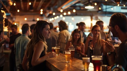 Bustling bar scene with customers enjoying craft beers and conversation. Warm ambience with reflective wooden surfaces and soft lighting - obrazy, fototapety, plakaty