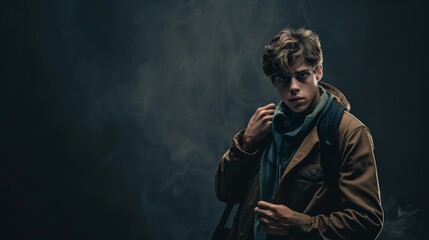 Serious young man in a brown jacket and blue scarf with a contemplative look, surrounded by mist.