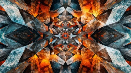 Abstract mirrored geometric artwork with vibrant orange and cool blue tones on textured background