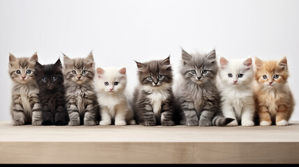 A group of kittens on a studio background.
Many cute kittens, advertising for a pet store
