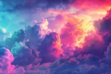 A sky vivid with colors, dotted with numerous clouds creating a vibrant and dynamic atmosphere.