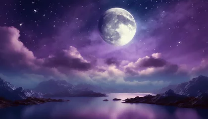 Foto op Plexiglas fantastical fantasy background of magical deep purple night sky with moon shining stars and mysterious clouds idyllic tranquil fabulous panoramic scene photo of moon is taken by me with my camera © Claudio