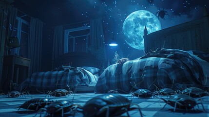 Nighttime pests creeping, 3D bed bugs under moonlight - obrazy, fototapety, plakaty