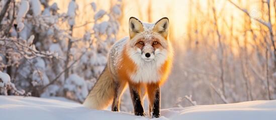 A red fox, a carnivorous terrestrial animal, is standing in the snow, its fur blending with the natural landscape, looking directly at the camera