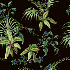 Seamless pattern with exotic trees, leaves and flowers. Vector. - 755098967