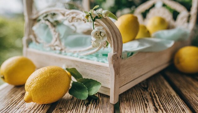 the wooden bed is decorated with lemons props for newborn photo sessions lemons background for a photo shoot furniture for dolls
