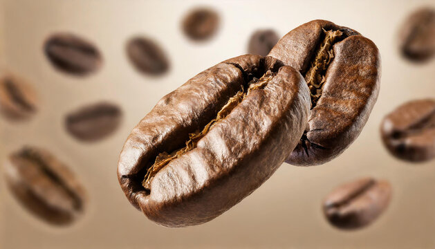 Falling roasted coffee beans. Aromatic caffeine seeds hovering in the air. Brown background.