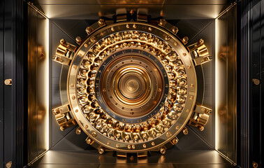 a black and gold safe with an old lock, in the style of digitally manipulated images, tondo, data visualization, extremely detailed art, long lens, precisionist, symmetry --ar 128:81 --style raw