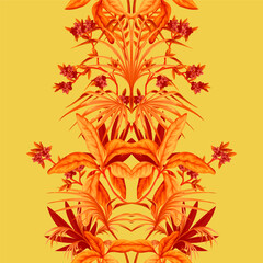 Seamless pattern with exotic trees, leaves and flowers. Vector.