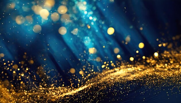 abstract background with dark blue and gold particle christmas golden light shine particles bokeh on navy blue background gold foil texture