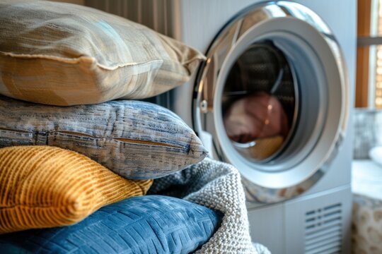 A pile of colorful throw pillows in front of a washing machine, suggesting a day of household cleaning. The concept of the image is home maintenance and care.