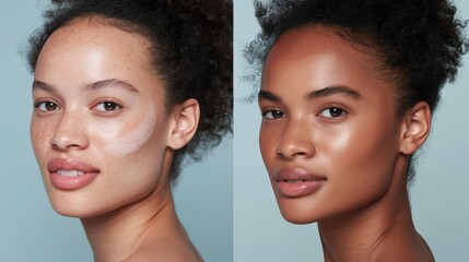 Skin care routine concept with a side-by-side comparison of a woman applying facial cream. Beauty and wellness concept