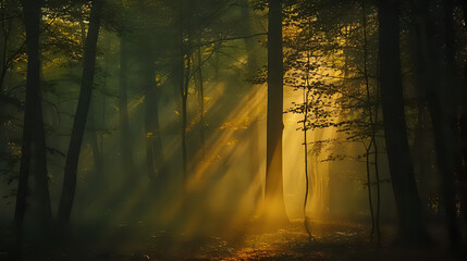 The Forest at Twilight: A Symphony of Mist and Shadow. - obrazy, fototapety, plakaty