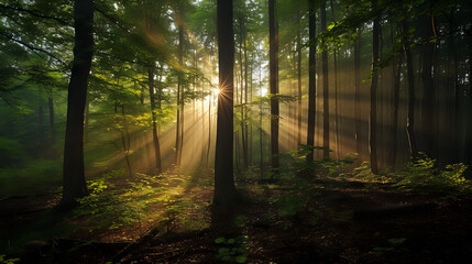 Golden Hour Mystique: Shadows and Light in the Forest. - obrazy, fototapety, plakaty