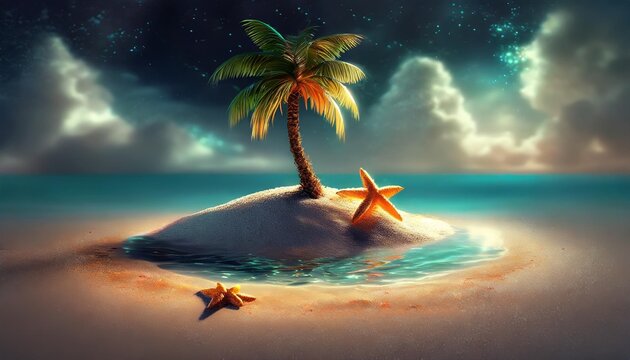 3d rendering of a small tropical island with palm tree in the middle and star fish on a sand and some clouds behind