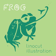 Linocut illustration of green frog icon. Vector toad drawing with linoleum print texture. Amphibian logo design. Anuran symbol design. Engraved frog drawing. - 755099927