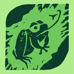 Linocut illustration of green frog icon. Vector toad drawing with linoleum print texture. Amphibian logo design. Anuran symbol design. Engraved frog drawing. - 755099941