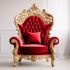 Red and gold luxury armchair, white background, professional photo сreated with Generative Ai