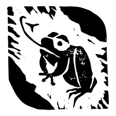 Linocut illustration of green frog icon. Vector toad drawing with linoleum print texture. Amphibian logo design. Anuran symbol design. Engraved frog drawing. - 755099989