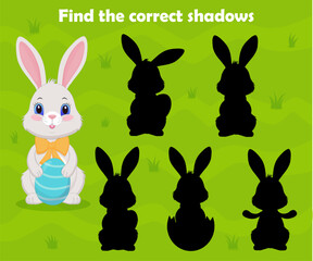 Find the correct shadows of cute Easter bunny. Logical puzzle for kids. Find correct silhouette printable worksheet. for children 1-4 years old.
