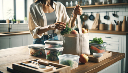 eco-friendly lifestyle, Cropped image of woman holding reusable shopping bag with food in kitchen - 755100353