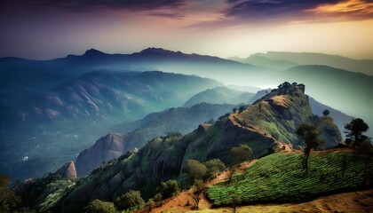 Fototapeta na wymiar india south munnar nilgiris tea estate mountain hill top travel trekking clouds
