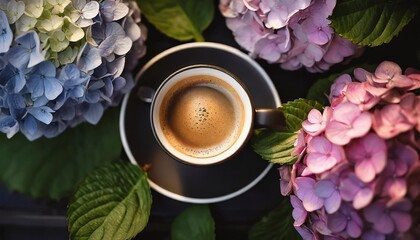delicious fresh morning espresso coffee with a beautiful thick crema among blossoming pink and purple hydrangea flowers at the florist shop top view - obrazy, fototapety, plakaty