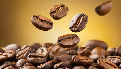 Falling roasted coffee beans. Aromatic caffeine seeds hovering in the air. Orange background.