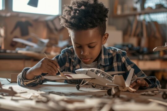 A young African American boy focused on building a model airplane, surrounded by craft tools. The concept highlights creativity and learning in youth.