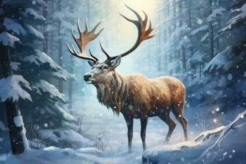 Serene Reindeer winter forest snow. Deer head. Generate Ai