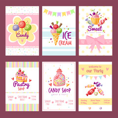 Sweet cards. posters template with different sweets candies and ice cream