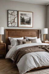 Modernes Schlafzimmer mit elegantem Holzbett, behaglicher brauner Decke und stilvoller Beleuchtung für ein ruhiges Ambiente