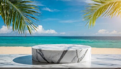 Fototapeta na wymiar marble podium with beach background for product showcase