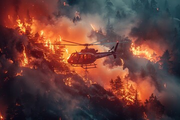 Firefighting helicopter takes out the fire in forest