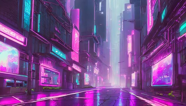 Fototapeta future scene of cyberpunk style city pink and purple lights from billboards on buildings long empty street