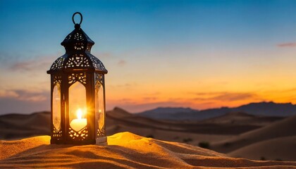 lantern in the desert at sunset ramadan kareem background